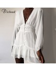 DICLOUD Sexy Plunge V Neck damska wiosna lato sukienka biała koronkowa z długim rękawem mini impreza sukienka wzburzyć elegancki