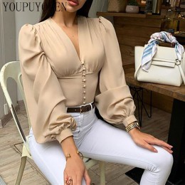 Damska bluzka top z rękawem typu lampion 2020 lato V Neck krótkie bluzki moda eleganckie koszule kobiety czarny bluzki długie rę