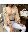 Damska bluzka top z rękawem typu lampion 2020 lato V Neck krótkie bluzki moda eleganckie koszule kobiety czarny bluzki długie rę