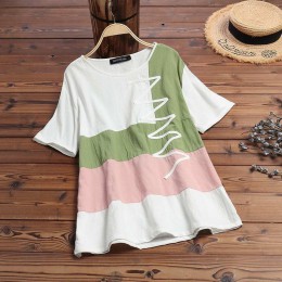 Damska patchworkowa bluzka w stylu casual, z nadrukami topy 2020 Vintage letnia koszulka z krótkim rękawem damska O Neck Blusas 