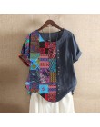 Damska patchworkowa bluzka w stylu casual, z nadrukami topy 2020 Vintage letnia koszulka z krótkim rękawem damska O Neck Blusas 