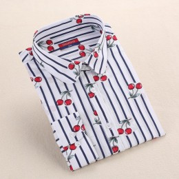 Dioufond nowe w kwiatki z długim rękawem bluzka Vintage Cherry skręcić w dół kołnierz koszuli Blusas Feminino bluzki damskie top