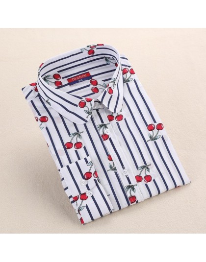 Dioufond nowe w kwiatki z długim rękawem bluzka Vintage Cherry skręcić w dół kołnierz koszuli Blusas Feminino bluzki damskie top