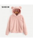 SHEIN Preppy piękny z niedźwiedziami uszy solidna Teddy bluza z kapturem swetry bluza jesień kobiety Campus bluzy w stylu casual