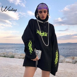 Weekeep kobiety luźna odzież uliczna czarna bluza z dzianiny z kapturem Shinning bluzy z kapturem z nadrukami moda Moletom długa