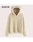 SHEIN Preppy piękny z niedźwiedziami uszy solidna Teddy bluza z kapturem swetry bluza jesień kobiety Campus bluzy w stylu casual