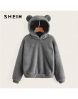 SHEIN Preppy piękny z niedźwiedziami uszy solidna Teddy bluza z kapturem swetry bluza jesień kobiety Campus bluzy w stylu casual