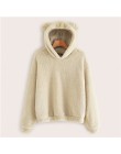 SHEIN Preppy piękny z niedźwiedziami uszy solidna Teddy bluza z kapturem swetry bluza jesień kobiety Campus bluzy w stylu casual