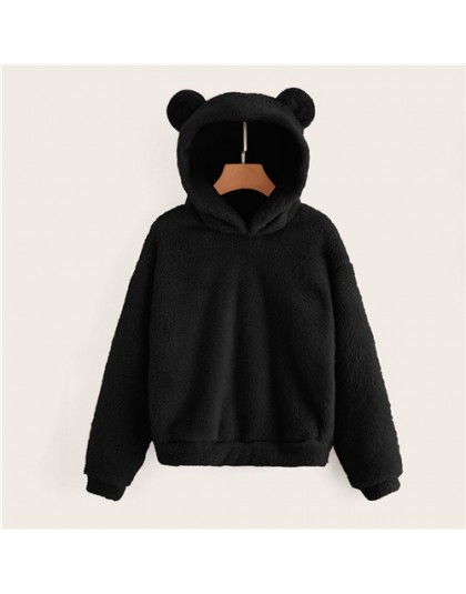 SHEIN Preppy piękny z niedźwiedziami uszy solidna Teddy bluza z kapturem swetry bluza jesień kobiety Campus bluzy w stylu casual