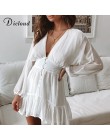 DICLOUD Sexy Plunge V Neck damska wiosna lato sukienka biała koronkowa z długim rękawem mini impreza sukienka wzburzyć elegancki