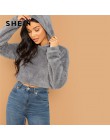 SHEIN szary minimalistyczny stałe opuszczane ramiona Crop Teddy bluza z kapturem jesień dorywczo mody kobiet swetry bluzy