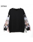 XITAO czarne bluzy z długim rękawem damskie patchworkowy, z nadrukiem sweter z frędzlami bluza z kapturem harajuku swetry damski