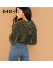 SHEIN szary minimalistyczny stałe opuszczane ramiona Crop Teddy bluza z kapturem jesień dorywczo mody kobiet swetry bluzy