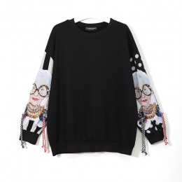 XITAO czarne bluzy z długim rękawem damskie patchworkowy, z nadrukiem sweter z frędzlami bluza z kapturem harajuku swetry damski