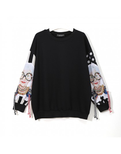 XITAO czarne bluzy z długim rękawem damskie patchworkowy, z nadrukiem sweter z frędzlami bluza z kapturem harajuku swetry damski