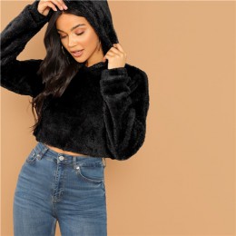 SHEIN szary minimalistyczny stałe opuszczane ramiona Crop Teddy bluza z kapturem jesień dorywczo mody kobiet swetry bluzy
