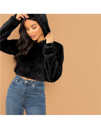 SHEIN szary minimalistyczny stałe opuszczane ramiona Crop Teddy bluza z kapturem jesień dorywczo mody kobiet swetry bluzy
