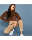 SHEIN szary minimalistyczny stałe opuszczane ramiona Crop Teddy bluza z kapturem jesień dorywczo mody kobiet swetry bluzy