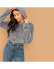 SHEIN szary minimalistyczny stałe opuszczane ramiona Crop Teddy bluza z kapturem jesień dorywczo mody kobiet swetry bluzy