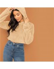 SHEIN szary minimalistyczny stałe opuszczane ramiona Crop Teddy bluza z kapturem jesień dorywczo mody kobiet swetry bluzy