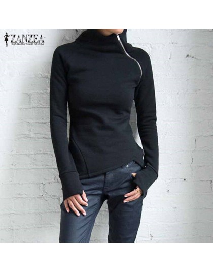 ZANZEA jesień bluzy bluzy 2020 kobiet dorywczo jednolity kolor, długi rękaw sweter z golfem Slim Fit zamki bluza Plus rozmiar