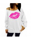 Plus rozmiar 2015 Sexy Casual damskie swetry drukowane wargi bluzy moda Off The Shoulder kobiety bluzy z długim rękawem C6854