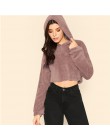 SHEIN szary minimalistyczny stałe opuszczane ramiona Crop Teddy bluza z kapturem jesień dorywczo mody kobiet swetry bluzy