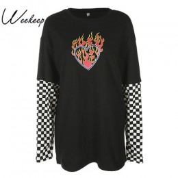 Weekeep Women Plaid Patchwork z długim rękawem Flaming Heart bluza z nadrukiem 2017 jesienno-zimowa czarna bluza z kapturem swet