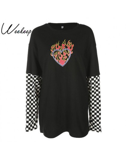 Weekeep Women Plaid Patchwork z długim rękawem Flaming Heart bluza z nadrukiem 2017 jesienno-zimowa czarna bluza z kapturem swet