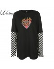 Weekeep Women Plaid Patchwork z długim rękawem Flaming Heart bluza z nadrukiem 2017 jesienno-zimowa czarna bluza z kapturem swet