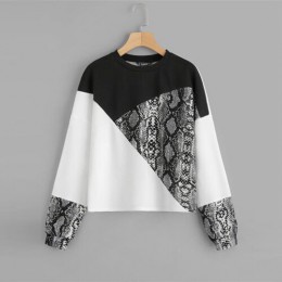 SHEIN color block skóra węża bluza Preppy okrągły Neck z długim rękawem swetry damskie jesień wielokolorowe bluzy