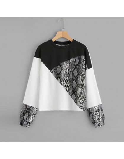 SHEIN color block skóra węża bluza Preppy okrągły Neck z długim rękawem swetry damskie jesień wielokolorowe bluzy
