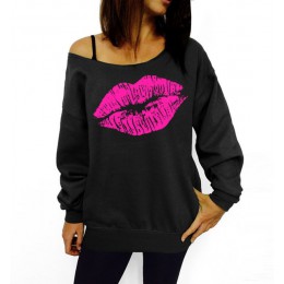 Plus rozmiar 2015 Sexy Casual damskie swetry drukowane wargi bluzy moda Off The Shoulder kobiety bluzy z długim rękawem C6854
