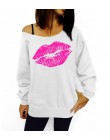 Plus rozmiar 2015 Sexy Casual damskie swetry drukowane wargi bluzy moda Off The Shoulder kobiety bluzy z długim rękawem C6854