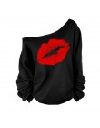 Plus rozmiar 2015 Sexy Casual damskie swetry drukowane wargi bluzy moda Off The Shoulder kobiety bluzy z długim rękawem C6854