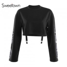 Sweetown 2019 jesienna bluza w stylu crop nadruk ze smokiem z długim rękawem koreańska modna sweter czarna Casual Gothic Streetw