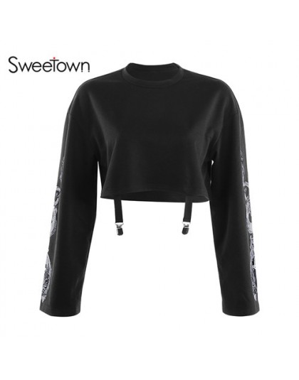 Sweetown 2019 jesienna bluza w stylu crop nadruk ze smokiem z długim rękawem koreańska modna sweter czarna Casual Gothic Streetw