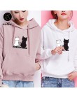 Sweter zimowy bluzy damskie Cat Kawaii Poleron Mujer 2020 kieszeń kangura bluza z kapturem szkoła w koreańskim stylu moda uliczn