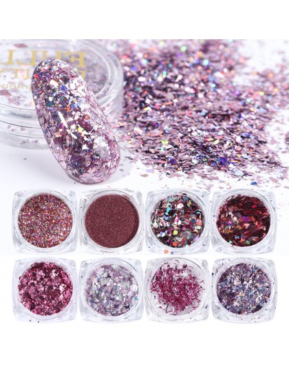 8 sztuk Holo różowy mieszane sypki brokat do paznokci lustro aluminiowe cekiny Chrome Pigment Paillette Nail Art płatki dekoracj