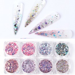 8 pudełko/zestaw świecący syrenka w proszku paznokci błyszczące cekiny Manicure 3D sześciokątne płatki Paillettes Holo paznokci 