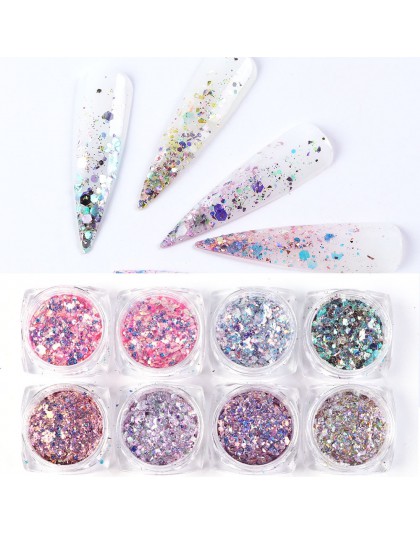 8 pudełko/zestaw świecący syrenka w proszku paznokci błyszczące cekiny Manicure 3D sześciokątne płatki Paillettes Holo paznokci 