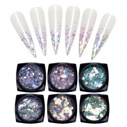 6 pudełek proszek do paznokci brokat laserowy chromowany Pigment pył do paznokci dekoracje artystyczne DIY Design Holo Nail Glit