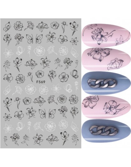 1 sztuk czarny biały 3D naklejki do paznokci suwaki kwiaty Mandala liść geometria klej kalkomanie do paznokci folia projekt Mani
