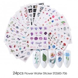 24 sztuk Akwarela Kwiatowy Kwiat Naklejka Nail Naklejka Zestaw Flamingo List Projekt Żel Manicure Decor Wody Suwak folia transfe
