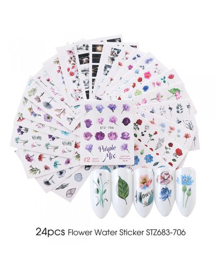 24 sztuk Akwarela Kwiatowy Kwiat Naklejka Nail Naklejka Zestaw Flamingo List Projekt Żel Manicure Decor Wody Suwak folia transfe