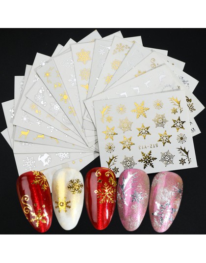 16 sztuk/zestaw zima Xmas naklejki na paznokcie złoto srebro boże narodzenie śnieżynka woda Transfer naklejka suwak Manicure dek