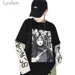 Lychee Harajuku japońskie anime drukuj kobiety bluza fałszywe 2 kawałki O-Neck z długim rękawem Casual luźna bluza damska Street