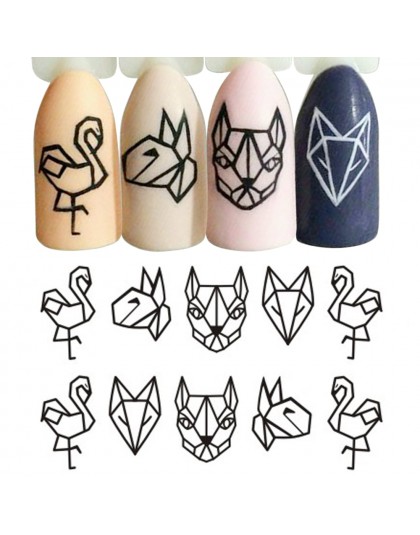 1 arkusz wody paznokci naklejki czarny Cartoon zwierząt Flamingo Fox Hollow wzory suwaki na kalkomanie do paznokci DIY Manicure 