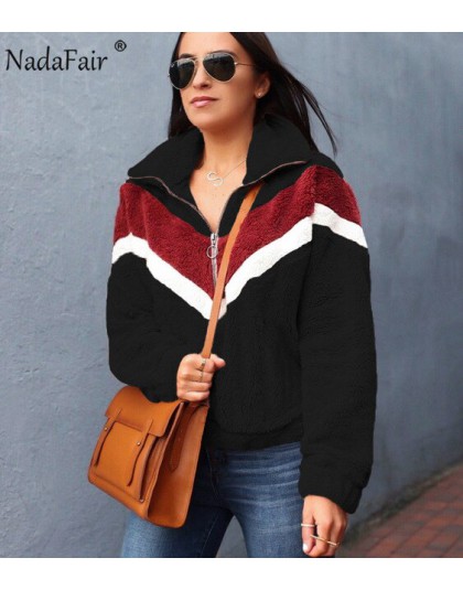 Nadafair Casual bluza polarowa damska 2019 Patchwork Zip Faux futro ponadgabarytowe zimowe puszyste bluzy damskie Plus Size swet