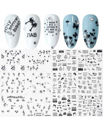 12 sztuk suwaki transferu wody motyl kwiat litery naklejki na paznokcie Manicure biały czarny dziewczyna okłady dekoracje JIA151